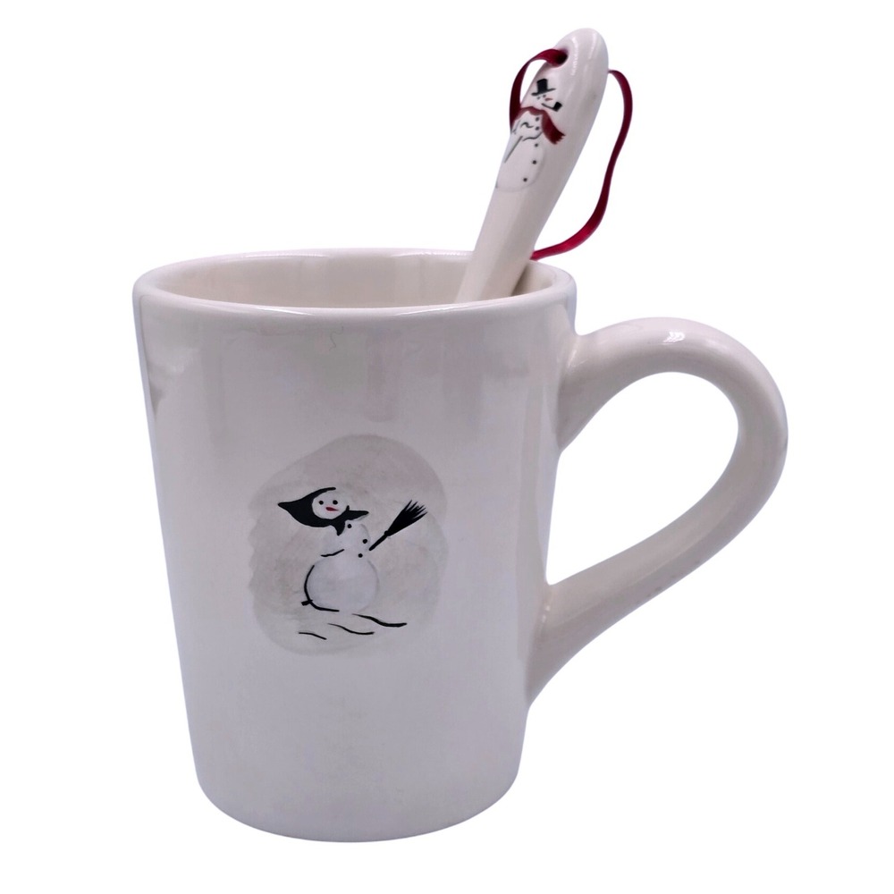 Williams Sonoma 10 oz. Snowman Ceramic Gift Mug with Spoon Set‎ Red Ribbon